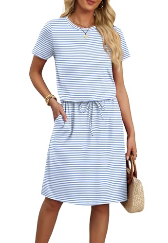 Spring Dresses for Women 2026 Midi Casual Summer Pretty Garden Beach Vacation Elegant Floral Dress Graduation Wedding Guest Date Outfits Work Dresses M Blue Striped