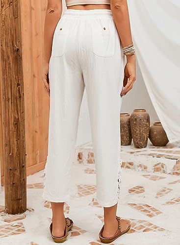 Acelitt Women's Casual Linen Pants Lightweight Drawstring Elastic Waist Spring Trendy Fashion 2026 Cropped Pants Trousers White XL