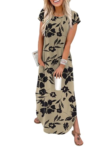 WIHOLL Cap Sleeve Crewneck Tshirts Maxi Dresses for Women 2026 Elegant Classy Floral Dress with Pockets Spring Dresses Work Teacher Outfits Vacation Resort Wear L
