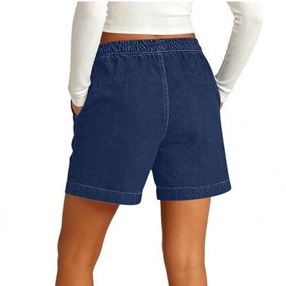 LRMQS Jean Shorts Womens Stretchy High Waisted Lightweight Summer Casual Loose Pull on Trendy Drawstring Denim Shorts