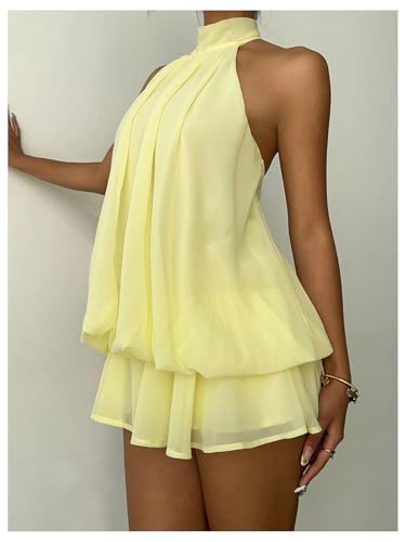 Verdusa Women's Chiffon Halter Drop Waist Wedding Guest Dresses Ruffle Summer Mini Dress Brunch Outfits Butter Yellow Large