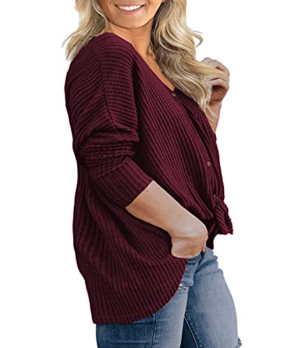 OLRIK Womens Plus Size Tops Long Sleeve V Neck Waffle Knit Tunic Blouse Tie Front Button Up T Shirts Wine Red-3X Plus