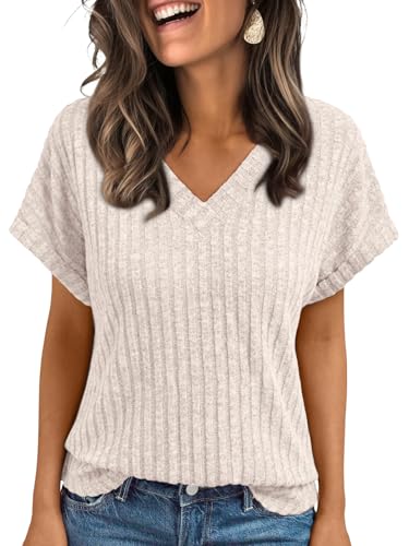 AUTOMET Womens Spring Tops 2026 Summer Dressy Casual Blouses Short Sleeve Cute V Neck Sweater Shirts Fashion Vacation Clothes Apricot XL