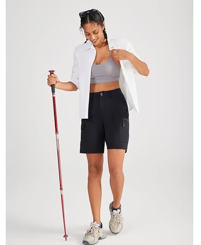 Oalka Women's Hiking Cargo Shorts Bermuda Lightweight Golf Camping 9" Long Shorts with Pockets Quick Dry Black L