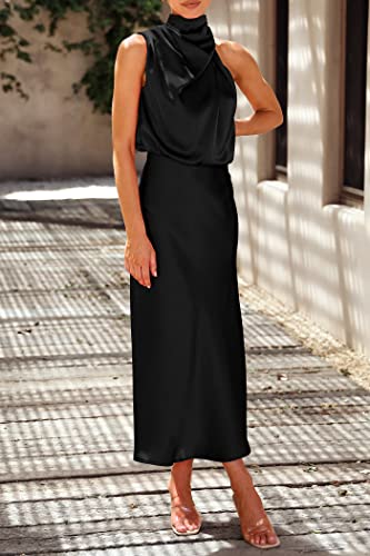 PRETTYGARDEN Women's 2025 Summer Satin Dress Elegant Sleeveless Mock Neck Cocktail Party Maxi Dresses (Black,Large)