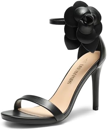 Women's Floral Ankle Strap Stiletto Heeled Sandals – Open Toe Dressy Party Shoes Black-pu