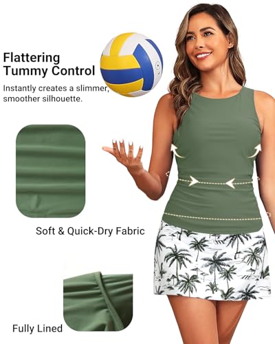 Daci Womens Green Palm Tree Tankini Swimsuits with Skirt - Two Piece Tummy Control Bathing Suits High Neck Swimwear L
