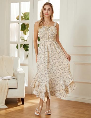 GRACE KARIN Women's 2025 Summer Floral Boho Dress Square Neck Strapped Swing A Line Sundress Beach Long Maxi OutfitsLight Yellow L