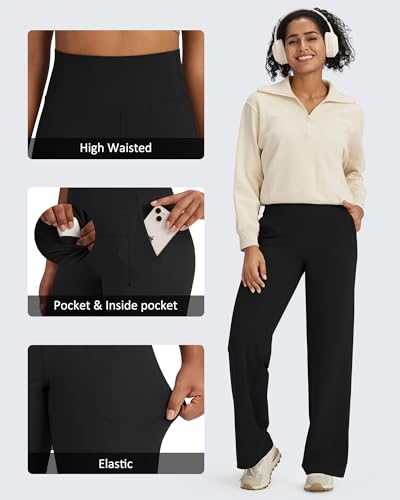 G4Free Wide Leg Pants Woman Loose Yoga Pants with Pockets Soft Comfy Casual Trousers Stretch Sweatpants (Black,M,Petite)