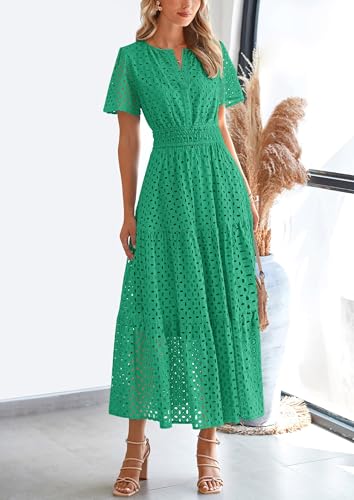 PRETTYGARDEN Womens 2025 Summer Maxi Dress Short Sleeve V Neck Hollow Out Eyelet A Line Long Flowy Beach Vacation Dresses (Green,Large)