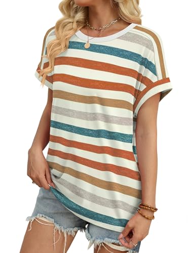 WIHOLL Womens Tops Summer Outfits 2026 Spring Clothes Break Essential Boho Vacation Cruise Fashion Trendy Short Cap Sleeve T Shirts Clothing Orange Stripes L