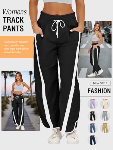 Fisoew Women's Baggy Wide Leg Pants Casual Drawstring Elastic Waisted Contrast Color Workout Y2K Track Pants Black