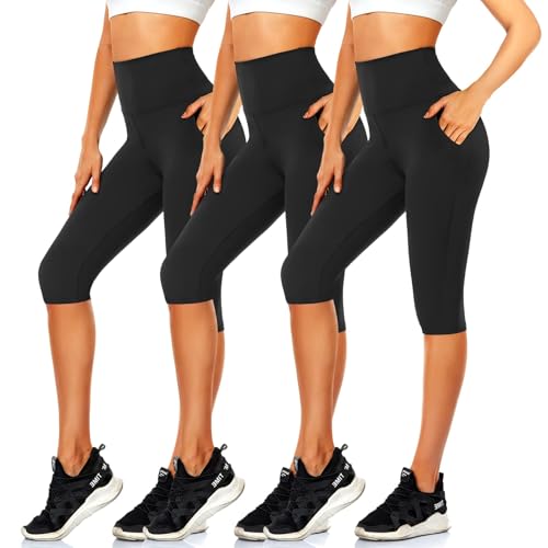 CTHH 3 Pack Capri Pants with Pockets - High Waisted Knee Length Yoga Leggings, Workout Biker Shorts for Women Running Summer(Two Pockets,3 Black,Large-X-Large)