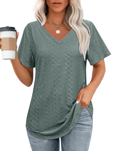 OFEEFAN Womens Tops Dressy Casual V Neck Short Sleeve Cute Plus Size T Shirts 2026 Spring Flowy Tees Summer Beach Vacation Outfits for Women Fashion Clothes Clothing Green 2XL