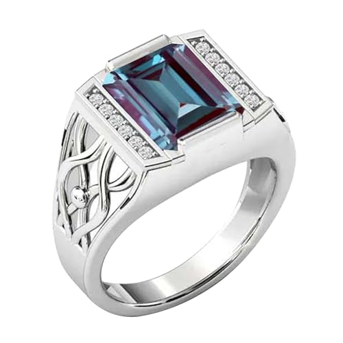 Gems Vibes Solid 925 Sterling Silver Vintage Alexandrite Ring With Diamond Halo Engagement Ring For Men Signet Statement Ring Emerald Cut Color Chang Alexandrite Ring Best Gift For Him (Alexandrite)