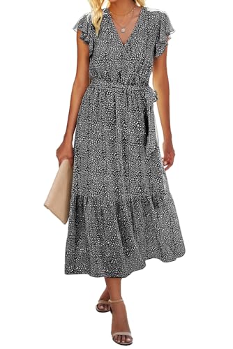 BTFBM Women Summer Bohemian Floral Casual Wrap V Neck Ruffle Cap Sleeveless Belt A-Line Pleated Hem Midi Sun Dress White