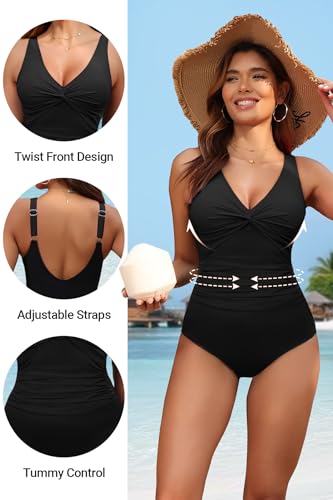 Holipick Black Women Tummy Control One Piece Swimsuit - Push Up Bathing Suit Full Coverage Slimming Swimwear M