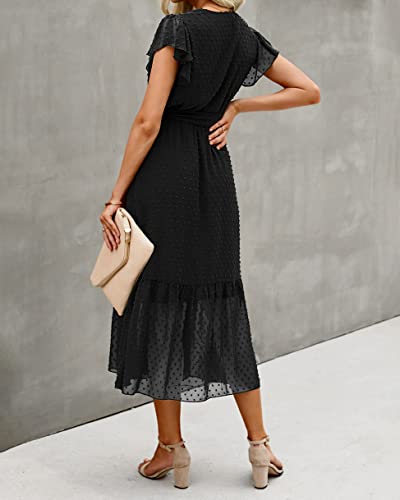 BTFBM Women Summer Bohemian Floral Casual Wrap V Neck Ruffle Cap Sleeveless Belt A-Line Pleated Hem Swing Midi Sun Dress (Swiss Dot Black, l)
