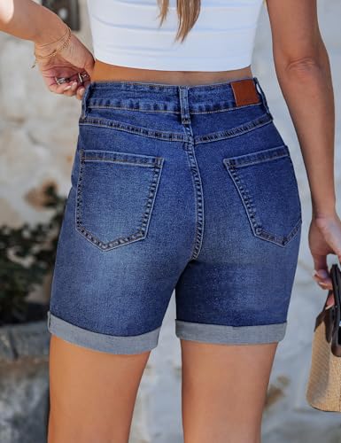 luvamia Jean Shorts for Women High Waisted Trendy Mid Thigh Long Cuffed Hem Long Shorts Stretchy Denim Women's for Summer Women Trendy Summer Casual Jorts Classic Blue Size Large US 12 to 14
