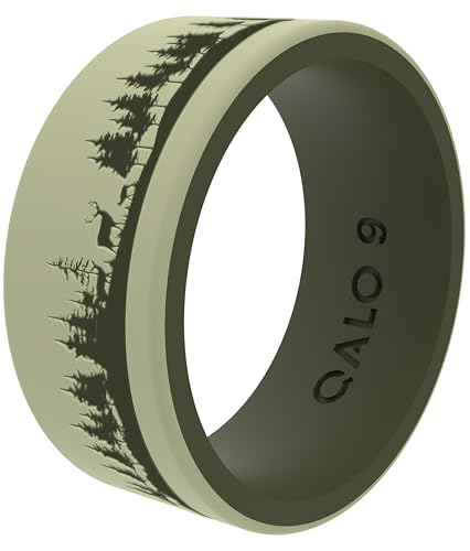 QALO Men's Rubber Ring – 9mm Wide x 1.85mm Thick – Skin-Friendly, Flexible, All-Day Wearable Silicone Wedding Band for Active Lifestyles – Comfortable Durable Fit – Green Deer, Size 10