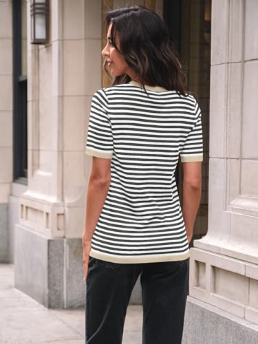 LILLUSORY Womens Spring Short Sleeve Sweater Shirts Tops Summer 2026 Cute Business Dressy Casual Teacher Trendy Outfits Clothes Blouse Work School Vacation Fashion Cotton Striped Apricot Black M
