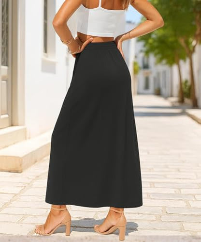 YSYOKOW Women's Flowy Maxi Skirts Elastic High Waisted Casual A-Line Long Skirt with Pockets 2026 Trendy(Black, Medium)