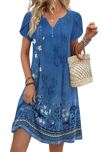 Zeagoo Spring Dresses for Women 2026 Womens Hawaiian Dresses Casual A Line Dress with Pockets Summer Bohemian Knee Length Loose Sundress Blue-PrintedL