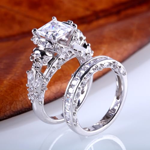 Jeulia Skull Engagement Ring Sets Sterling Silver Promise Eternity Band Rings Diamond Princess Cut with Cubic Zirconia Wedding Engagement Anniversary Promise Rings Bridal Sets (9.5(U.S))