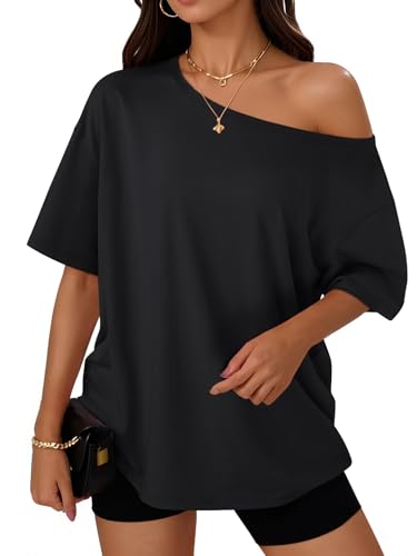Trendy Queen Womens Off the Shoulder Tops Oversized T-Shirts Short Sleeve Tees Summer 2026 Casual Spring Clothes Workout Gym Y2k Cute Going Out Plus Size Fashion Clothing Black M