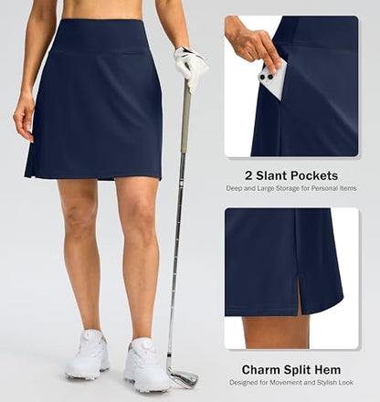 SANTINY 18" Skorts for Women 3 Pockets High Waist Long Athletic Tennis Skirt Golf Skort for Casual Summer Travel (Navy_XXL)