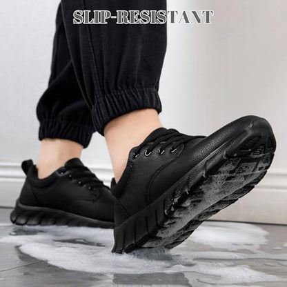 Mens Non Slip Work Shoes Waterproof Oil-Proof PU Leather Food Service Restaurants Kitchen Chef Shoes Comfy Walking Sneakers Lightweight Classic Stylish Casual Office Footwear A All Black