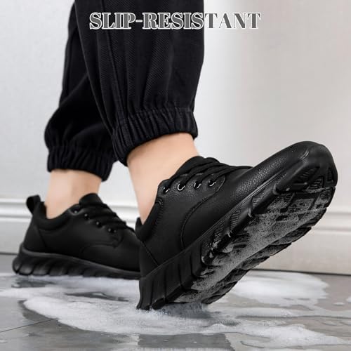 Mens Non Slip Work Shoes Waterproof Oil-Proof PU Leather Food Service Restaurants Kitchen Chef Shoes Comfy Walking Sneakers Lightweight Classic Stylish Casual Office Footwear A All Black