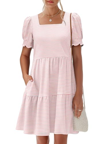 ANRABESS Women Summer Square Neck Puff Short Sleeve Mini Dress 2026 Casual Flowy Striped Sundress Beach Vacation Clothes with Pockets Pink Striped Large
