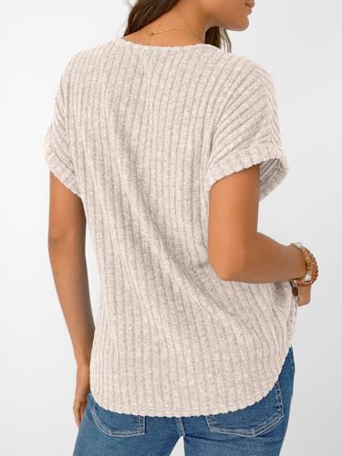 AUTOMET Womens Spring Tops 2026 Summer Dressy Casual Blouses Short Sleeve Cute V Neck Sweater Shirts Fashion Vacation Clothes Apricot XL