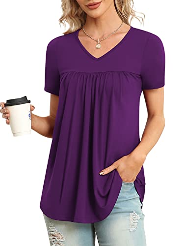 LAOLASI V Neck Short Sleeve Summer Soft Tops Shirt Hide Belly Daily Shirt Loose Plus Size Tunic Fashion Blouse,Purple,XXL