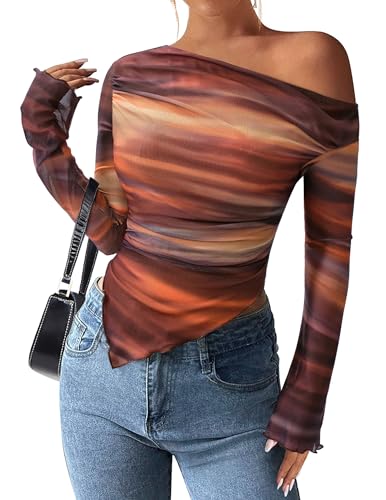 PRETTYGARDEN Womens Fall Trendy Off Shoulder Y2k Tops 2026 Tie Dye Mesh Long Sleeve Shirts Asymmetrical Ruched Floral Blouse (Floral Brown,Medium)