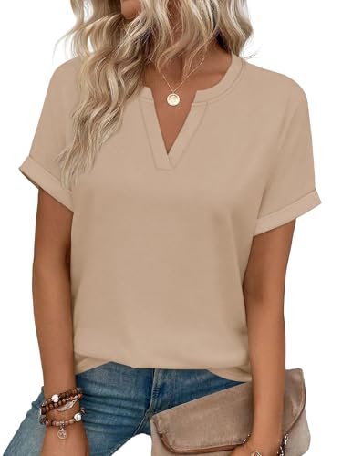 WIHOLL Womens Summer Blouses 2026 Spring Dressy Casual Tops Short Sleeve Tshirts Shirts Khaki M