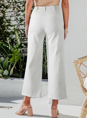 Sidefeel Women's Wide Leg Jeans High Waisted Stretchy Zimbaplatinum Straight Leg Jeans Buttoned Loose Denim Pants with Pocket White Size 10