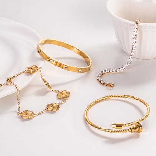 GIVCHO 18K Gold Plated Nail Love Bangle Bracelet Set for Women Stackable Floral Clover Adjustable Tennis Bracelet Non Tarnish Gift Jewelry for Christmas Valentines Birthday Mother's Day (Gold)