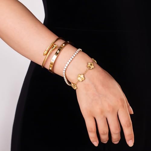 GIVCHO 18K Gold Plated Nail Love Bangle Bracelet Set for Women Stackable Floral Clover Adjustable Tennis Bracelet Non Tarnish Gift Jewelry for Christmas Valentines Birthday Mother's Day (Gold)