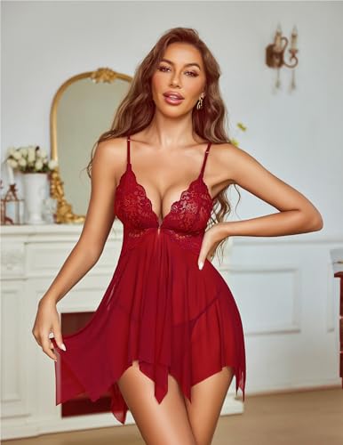ADOME Sexy Babydoll Lingerie for Women Lace Sleepwear Boudoir Outfits Lingerie Chemise Teddy Lingerie Wine Red X-Large