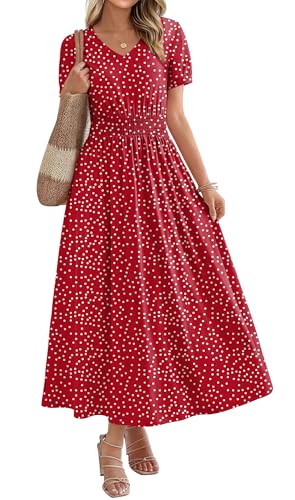 OFEEFAN Red Polka Dot Maxi Dresses for Women Ladies Summer Midi Sundresses Long Dress Spring Beach Vacation Outfits Fashion Clothing 2026 Trendy Resort Wear A Line Flowy L