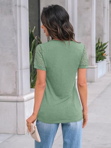 AUTOMET Short Sleeve Shirts for Women Summer Tops 2026 Spring Fashion Dressy Casual Outfits Lace Trendy Top Cute Work T Shirt Business Vacation Clothes Blouses Light Green M