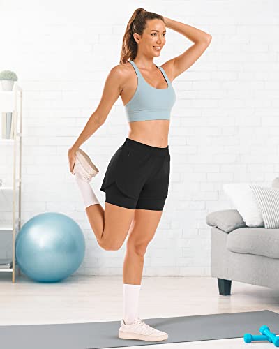 Stelle Women 2 in 1 Running Shorts High Waisted Athletic Shorts Gym Workout Shorts with Liner Zipper Pockets (Black, M)