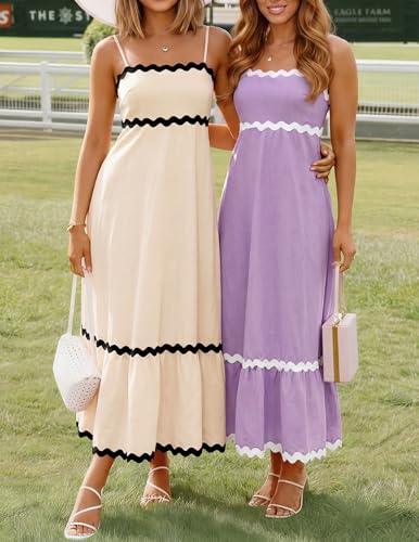 ZESICA Women's 2025 Summer Spaghetti Straps Sleeveless Backless Sundress Flowy Smocked Lace Swing A Line Midi Dress,Apricot,Small