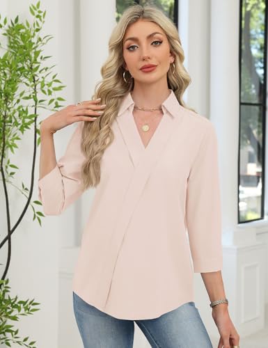 LOMON 3/4 Length Sleeve Womens Tops Dressy Casual Blouses V Neck Collared Shirts Summer Trendy Office Outfits 2026 (Apricot,XL)