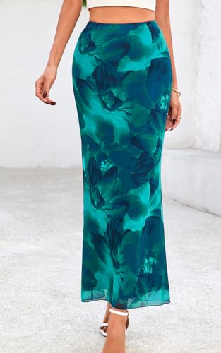 PRETTYGARDEN Women's Floral Print Mesh Long Skirt High Waisted Bodycon Fishtail Flowy Summer Maxi Skirts for Women Trendy (Floral Lake Blue, Medium)