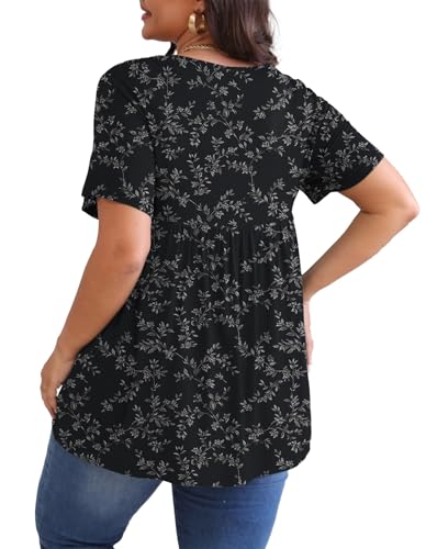POSESHE Plus Size Tops for Women Short SleevesCasual Blouses Tunic Tops Plus Fashion Soft Tunic Tops,Black White Floral,3XL