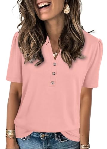 XMTOPYE Summer Outfits for Women 2026 Beach Fasion Short Sleeve Shirts Henley Neck T-shirts Dressy Casual Womens Blouses Coral Pink
