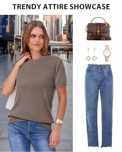 Arach&Cloz Women's Fashion Fall Spring Tops Vacation Cruise Outfits Summer Short Sleeve Sweaters Blouse Teacher Easter Clothing Business Casual Dressy Trendy 2026 (Coffee,M)